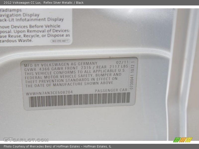 Reflex Silver Metallic / Black 2012 Volkswagen CC Lux