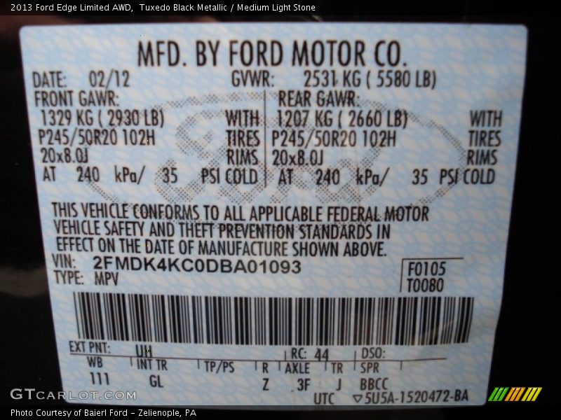 2013 Edge Limited AWD Tuxedo Black Metallic Color Code UH