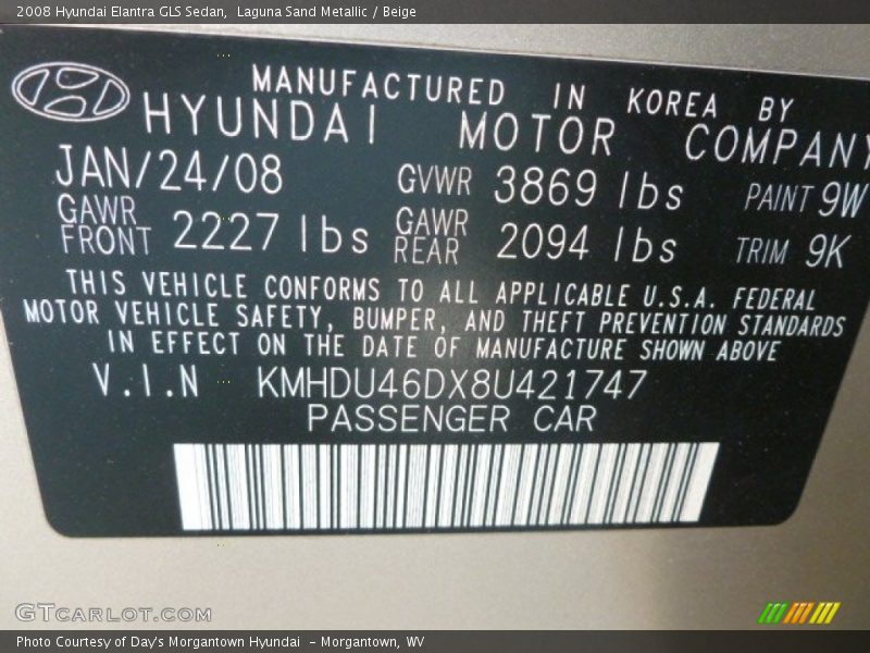 2008 Elantra GLS Sedan Laguna Sand Metallic Color Code 9W