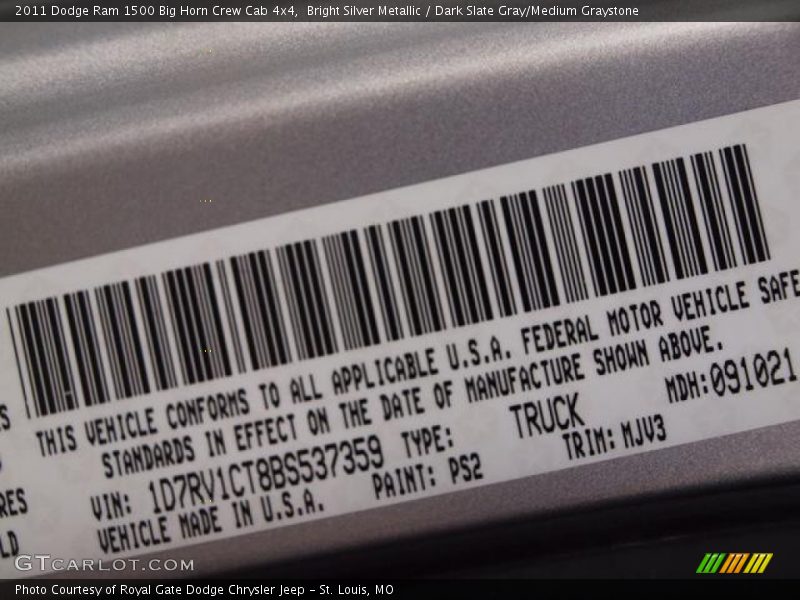 2011 Ram 1500 Big Horn Crew Cab 4x4 Bright Silver Metallic Color Code PS2