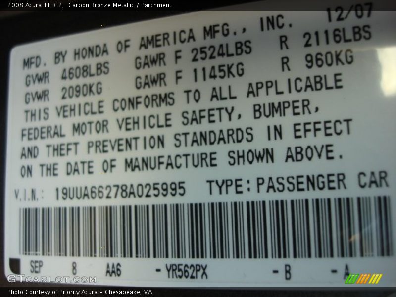 Carbon Bronze Metallic / Parchment 2008 Acura TL 3.2