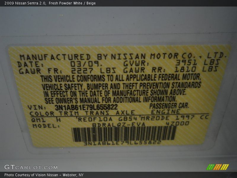 Fresh Powder White / Beige 2009 Nissan Sentra 2.0