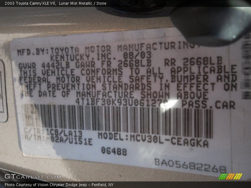 Lunar Mist Metallic / Stone 2003 Toyota Camry XLE V6