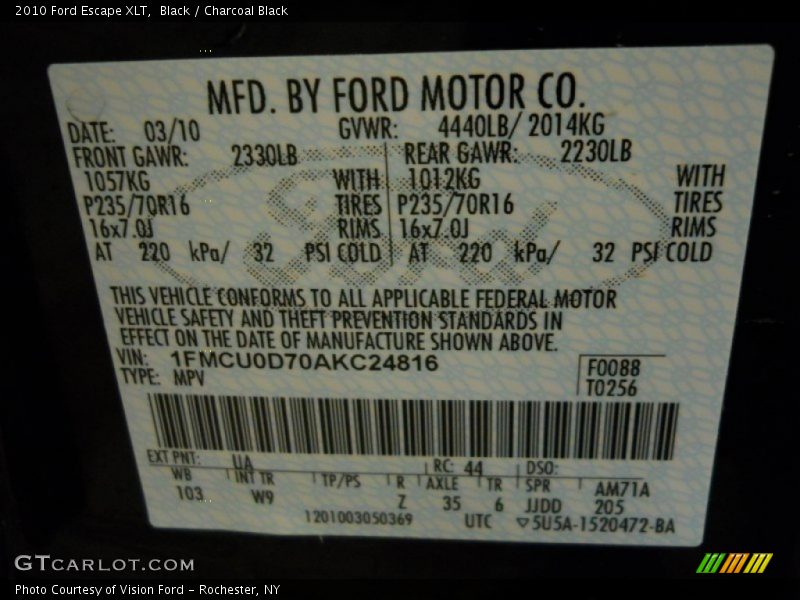 2010 Escape XLT Black Color Code UA