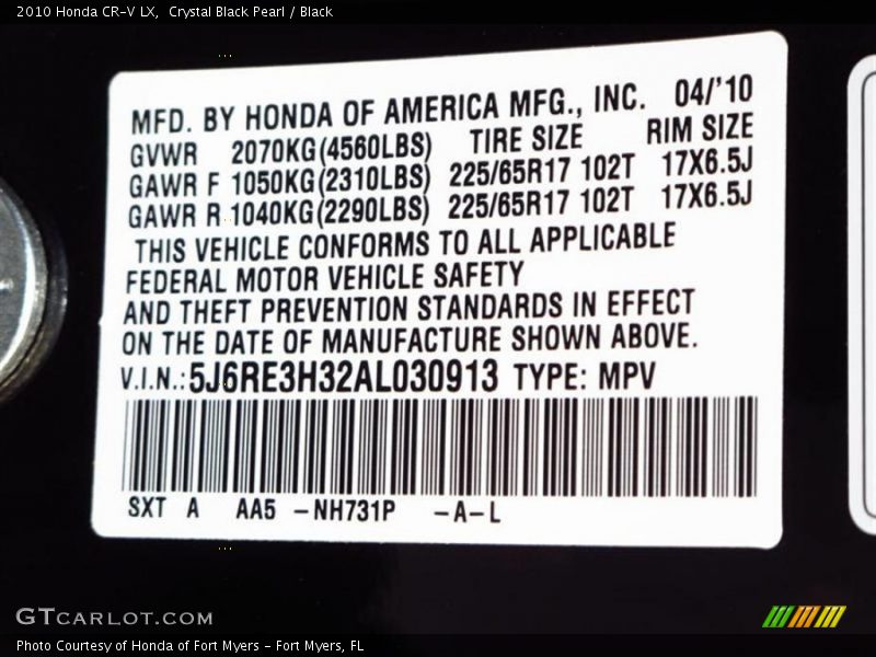 Crystal Black Pearl / Black 2010 Honda CR-V LX