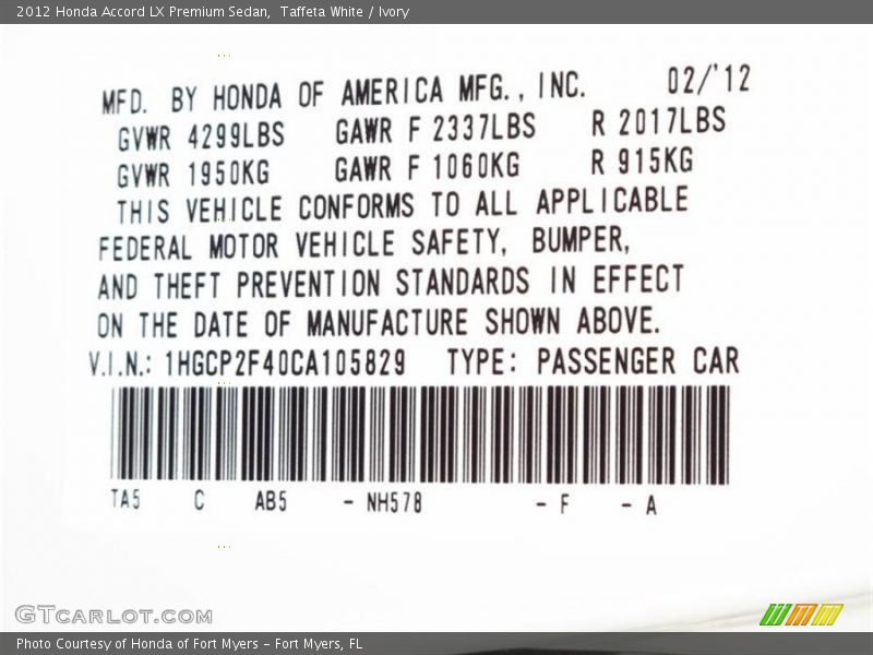 2012 Accord LX Premium Sedan Taffeta White Color Code NH578