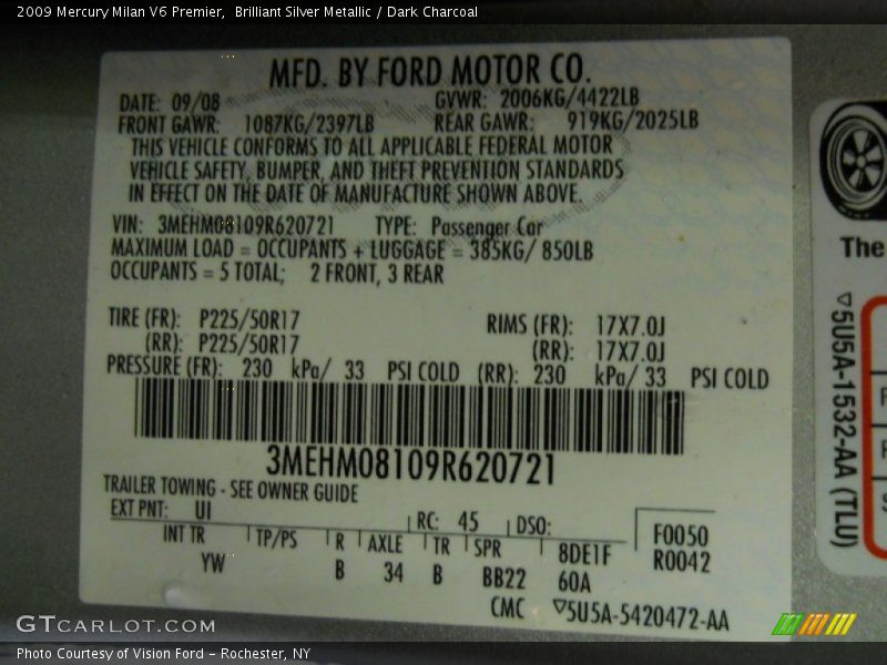 2009 Milan V6 Premier Brilliant Silver Metallic Color Code UI