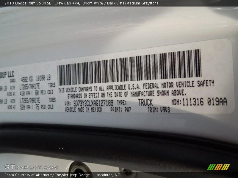 2010 Ram 3500 SLT Crew Cab 4x4 Bright White Color Code PW7