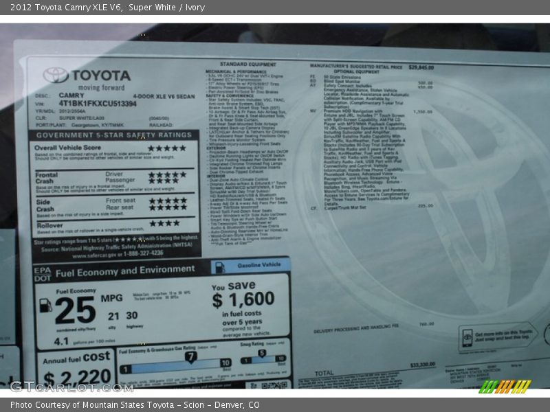 Super White / Ivory 2012 Toyota Camry XLE V6