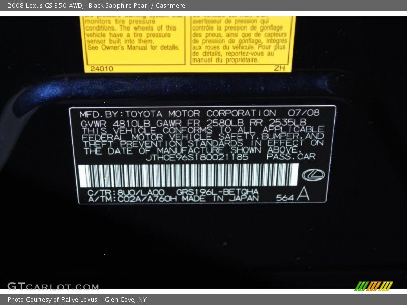 2008 GS 350 AWD Black Sapphire Pearl Color Code 8U0
