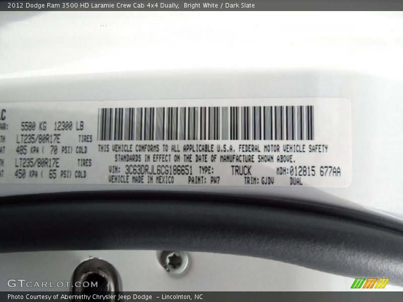 2012 Ram 3500 HD Laramie Crew Cab 4x4 Dually Bright White Color Code PW7