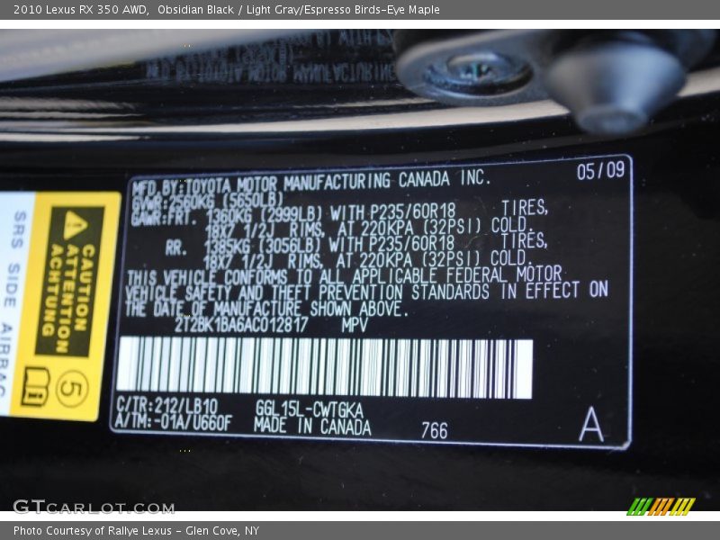 Obsidian Black / Light Gray/Espresso Birds-Eye Maple 2010 Lexus RX 350 AWD