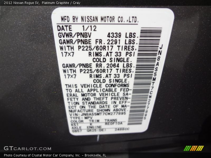 Platinum Graphite / Gray 2012 Nissan Rogue SV