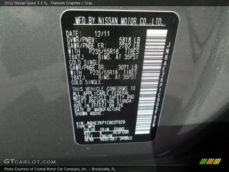 Platinum Graphite / Gray 2012 Nissan Quest 3.5 SL
