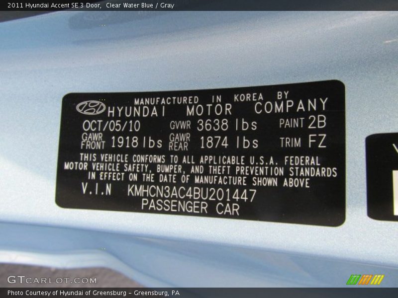 2011 Accent SE 3 Door Clear Water Blue Color Code 2B