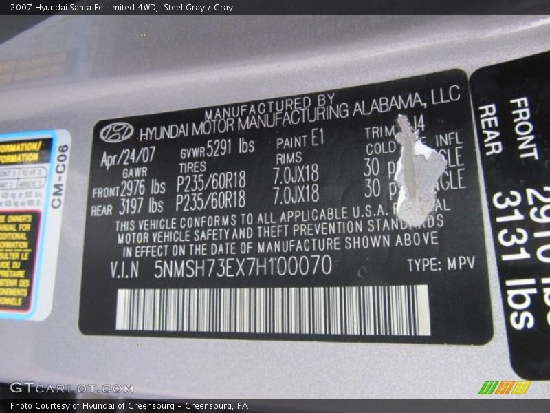 2007 Santa Fe Limited 4WD Steel Gray Color Code E1