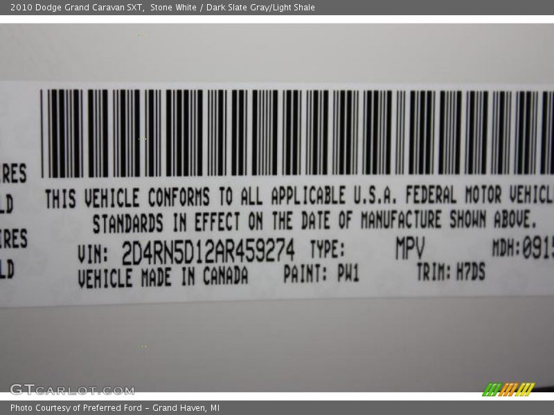 2010 Grand Caravan SXT Stone White Color Code PW1