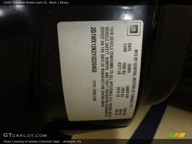 Black / Ebony 2000 Chevrolet Monte Carlo SS