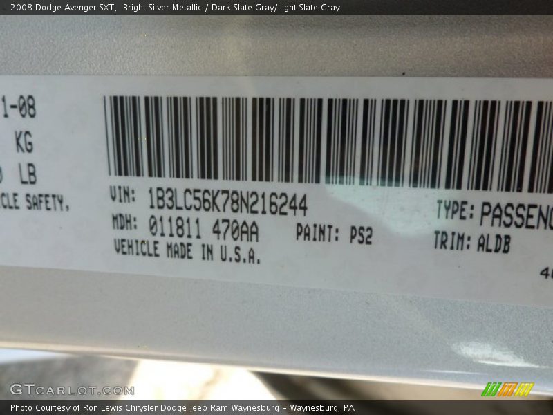 2008 Avenger SXT Bright Silver Metallic Color Code PS2