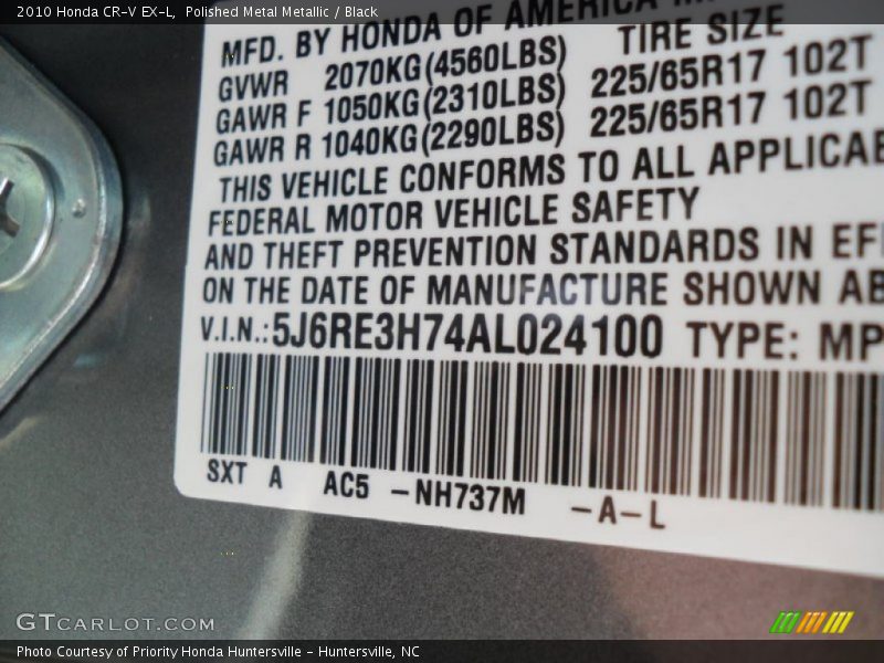 Polished Metal Metallic / Black 2010 Honda CR-V EX-L