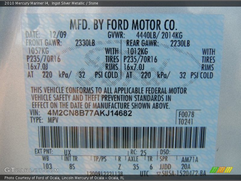 Ingot Silver Metallic / Stone 2010 Mercury Mariner I4