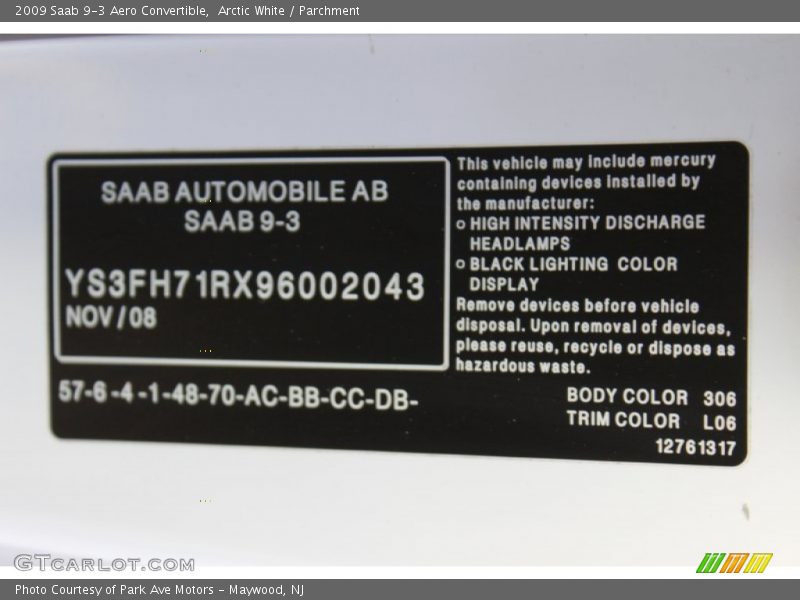 2009 9-3 Aero Convertible Arctic White Color Code 306