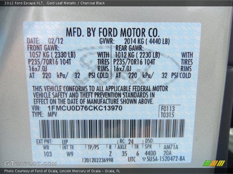 Gold Leaf Metallic / Charcoal Black 2012 Ford Escape XLT