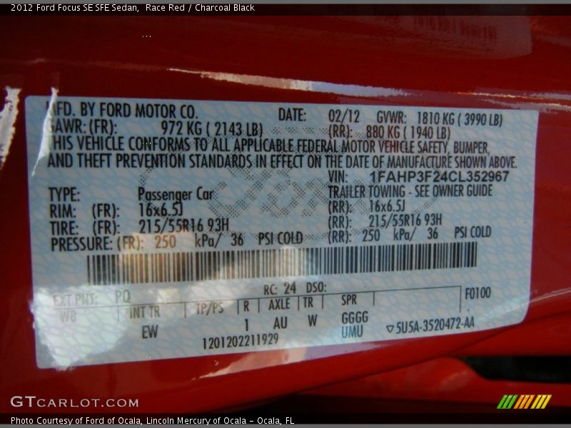 2012 Focus SE SFE Sedan Race Red Color Code PQ