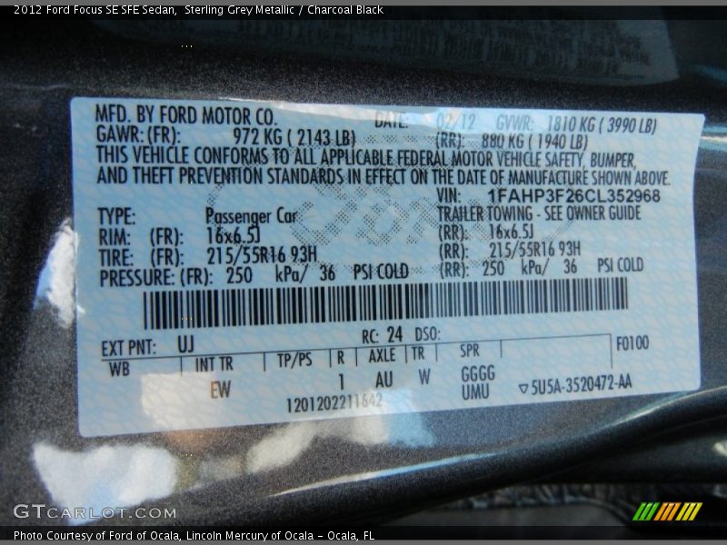 2012 Focus SE SFE Sedan Sterling Grey Metallic Color Code UJ