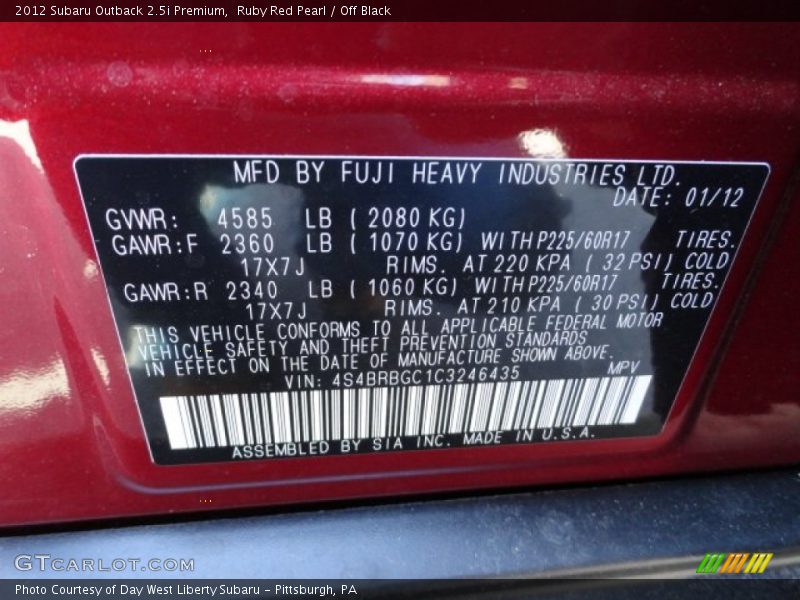 Ruby Red Pearl / Off Black 2012 Subaru Outback 2.5i Premium