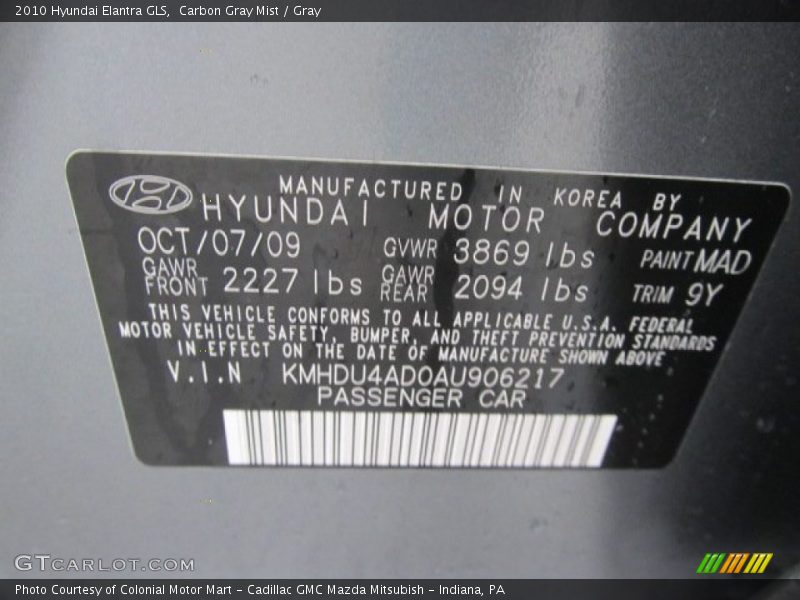 2010 Elantra GLS Carbon Gray Mist Color Code MAD
