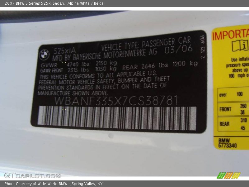 Alpine White / Beige 2007 BMW 5 Series 525xi Sedan