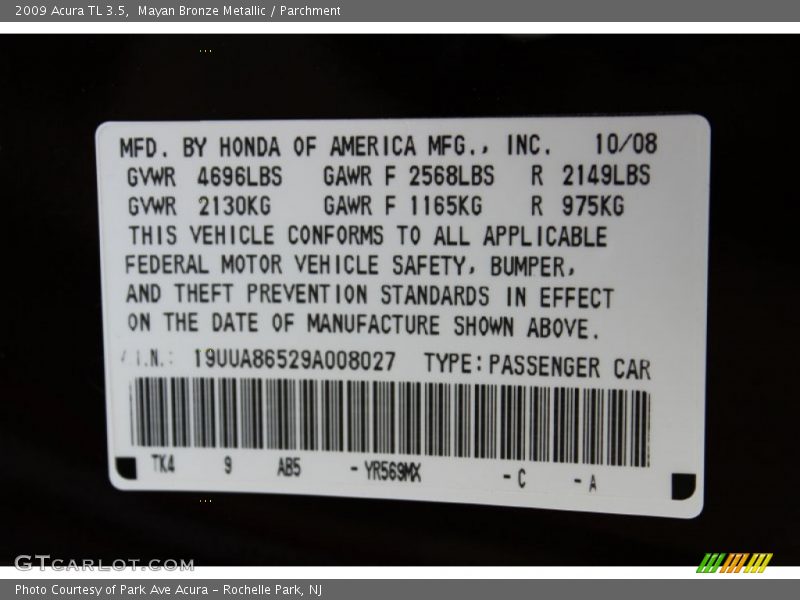 2009 TL 3.5 Mayan Bronze Metallic Color Code YR569MX
