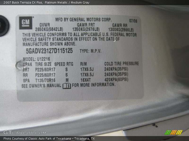 Platinum Metallic / Medium Gray 2007 Buick Terraza CX Plus