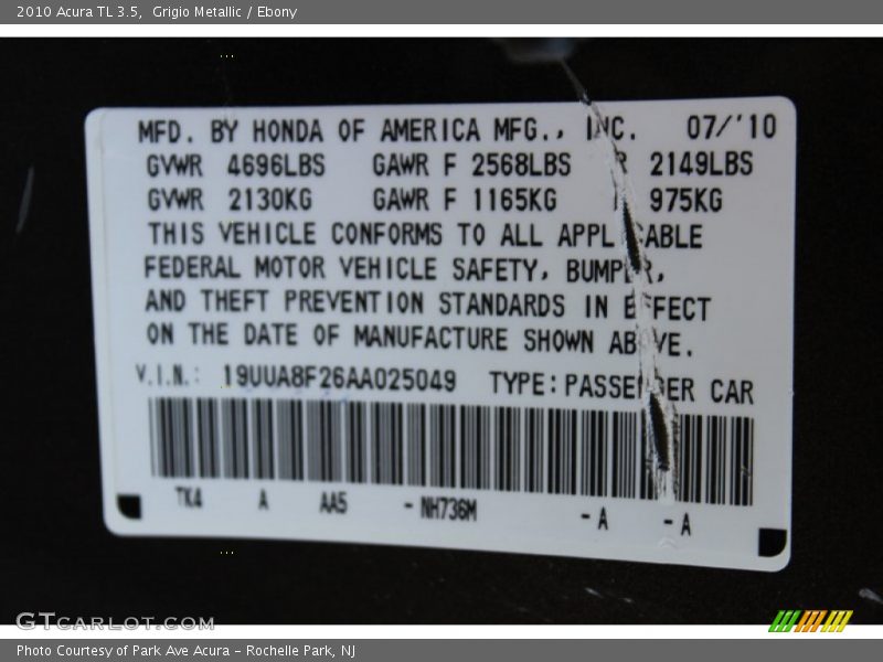 Grigio Metallic / Ebony 2010 Acura TL 3.5