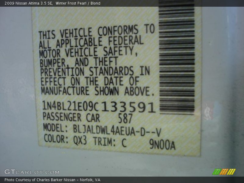 Winter Frost Pearl / Blond 2009 Nissan Altima 3.5 SE