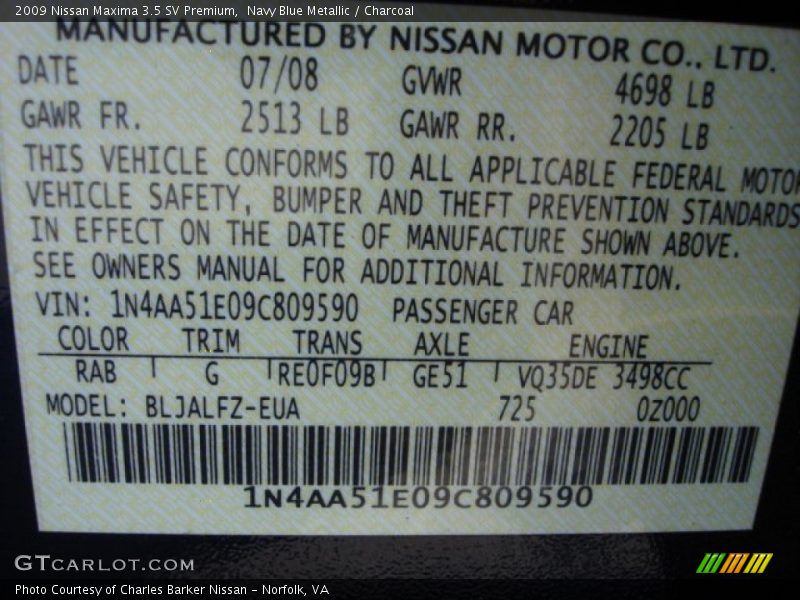 Navy Blue Metallic / Charcoal 2009 Nissan Maxima 3.5 SV Premium