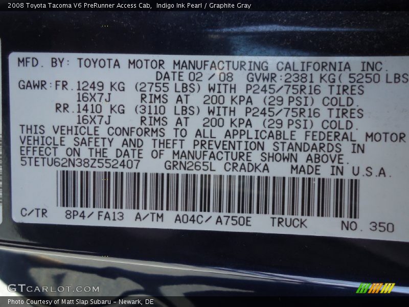 Indigo Ink Pearl / Graphite Gray 2008 Toyota Tacoma V6 PreRunner Access Cab