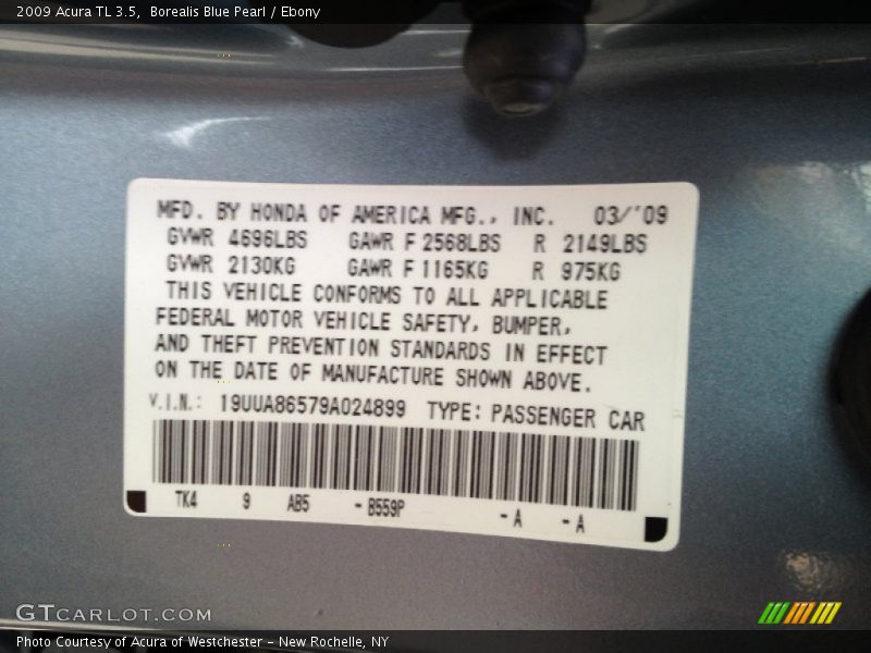 2009 TL 3.5 Borealis Blue Pearl Color Code B559P