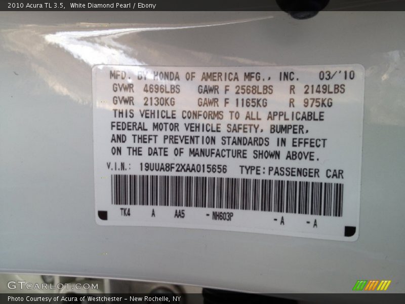 White Diamond Pearl / Ebony 2010 Acura TL 3.5