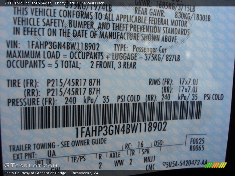 Ebony Black / Charcoal Black 2011 Ford Focus SES Sedan