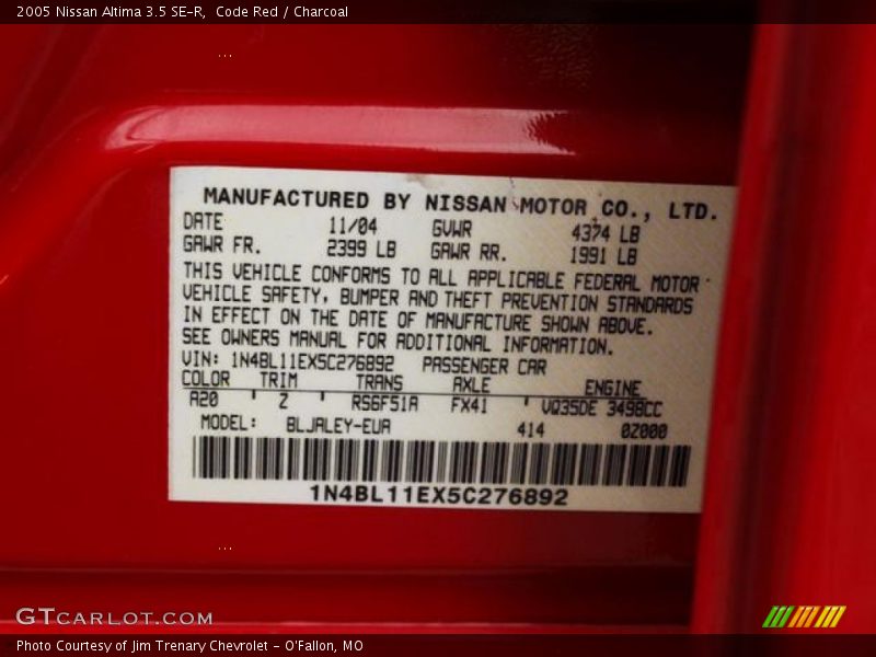 2005 Altima 3.5 SE-R Code Red Color Code A20