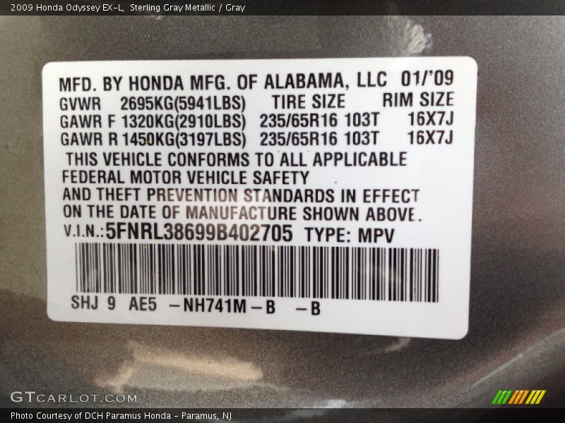 Sterling Gray Metallic / Gray 2009 Honda Odyssey EX-L