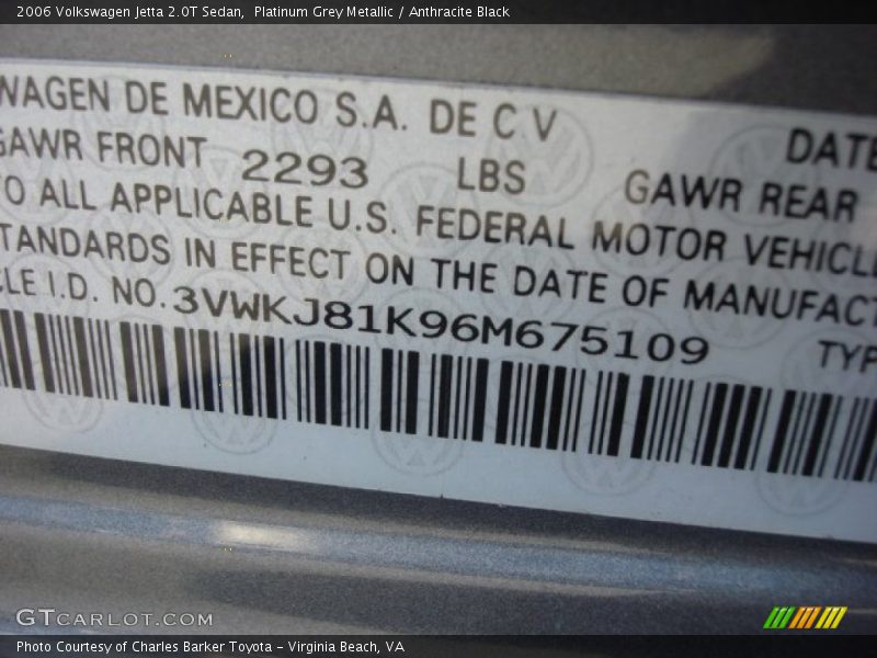 Platinum Grey Metallic / Anthracite Black 2006 Volkswagen Jetta 2.0T Sedan