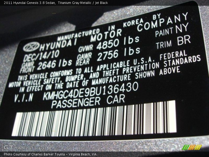 2011 Genesis 3.8 Sedan Titanium Gray Metallic Color Code NY