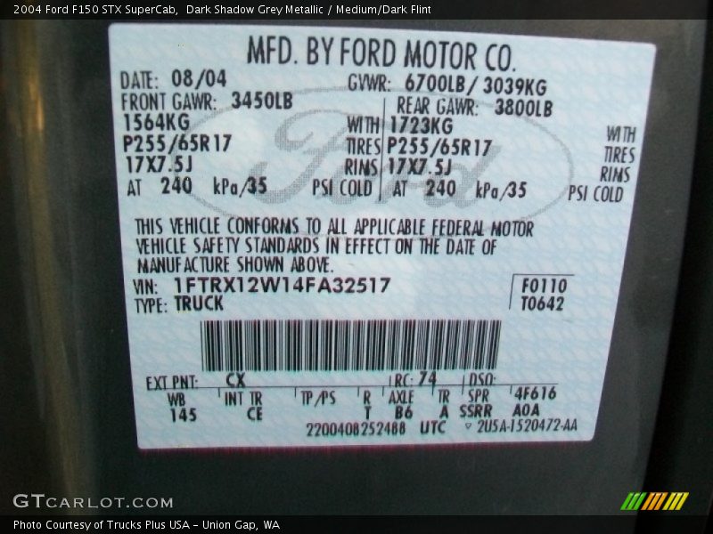 2004 F150 STX SuperCab Dark Shadow Grey Metallic Color Code CX