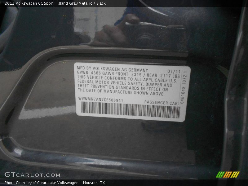 Island Gray Metallic / Black 2012 Volkswagen CC Sport