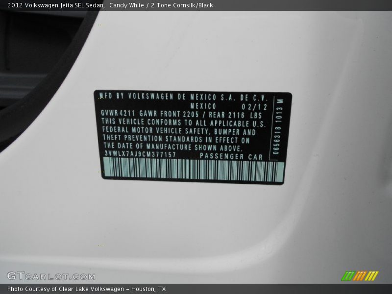 Info Tag of 2012 Jetta SEL Sedan