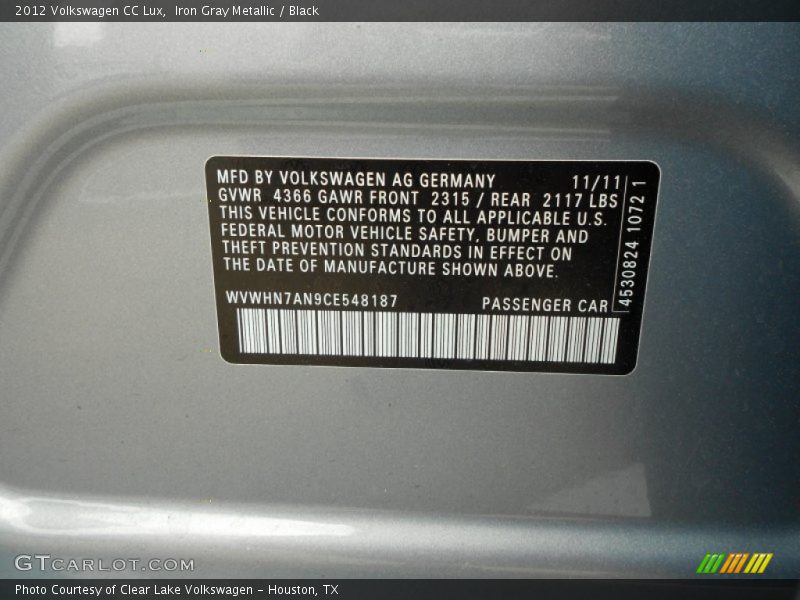 Iron Gray Metallic / Black 2012 Volkswagen CC Lux
