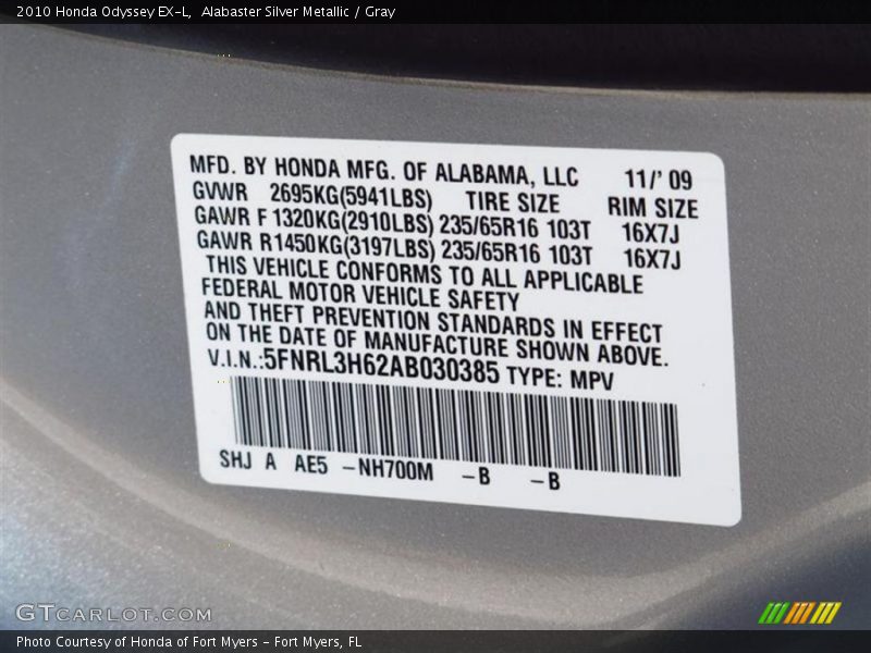 Alabaster Silver Metallic / Gray 2010 Honda Odyssey EX-L